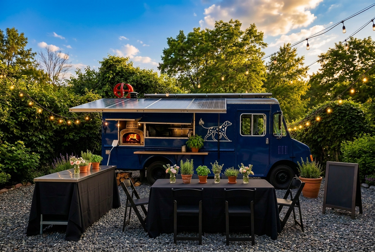 Dalmatian Pizza solar-powered wood-fired food truck with the dalmatian logo on its side at golden hour in the Hudson Valley