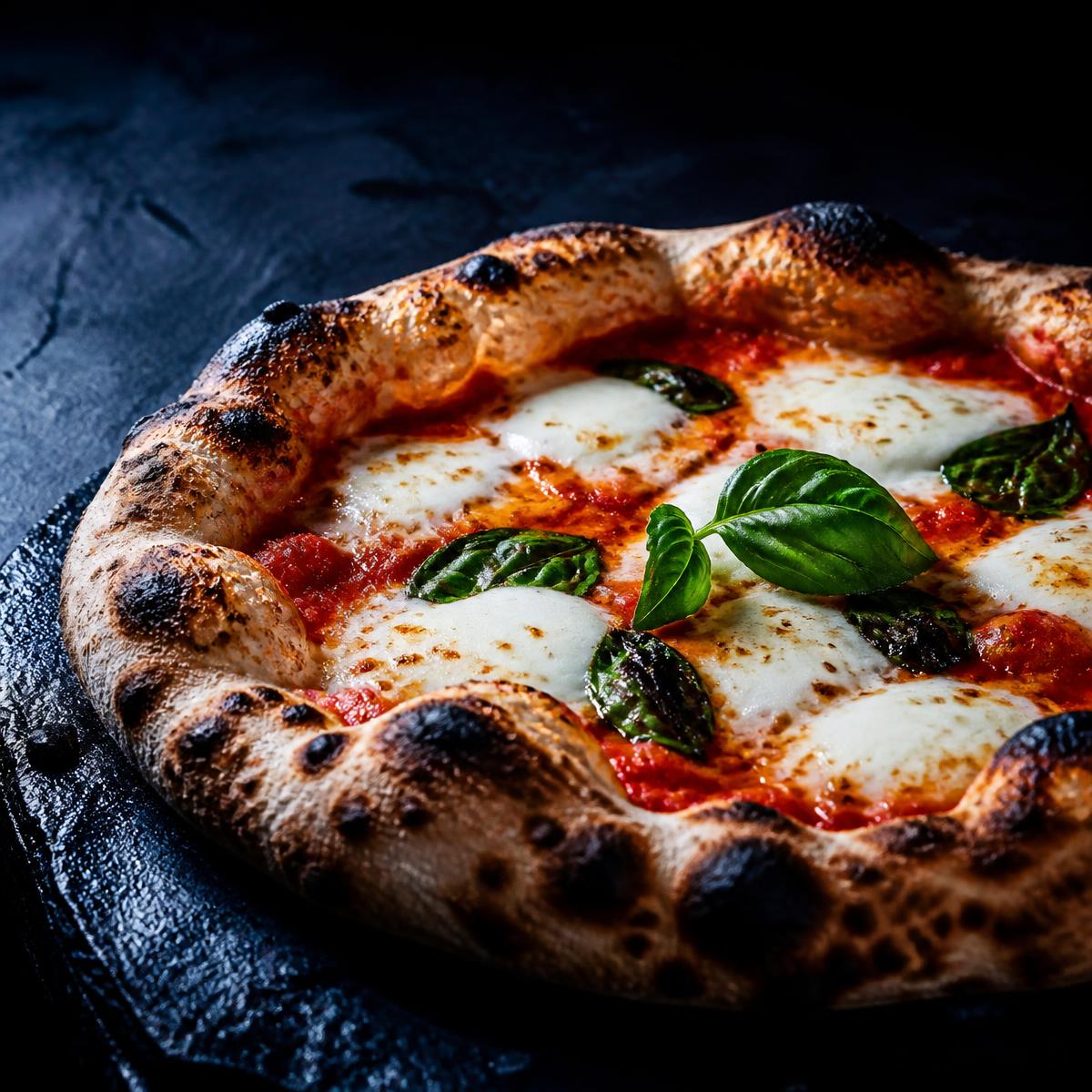 Wood-fired margherita pizza with charred crust and fresh basil
