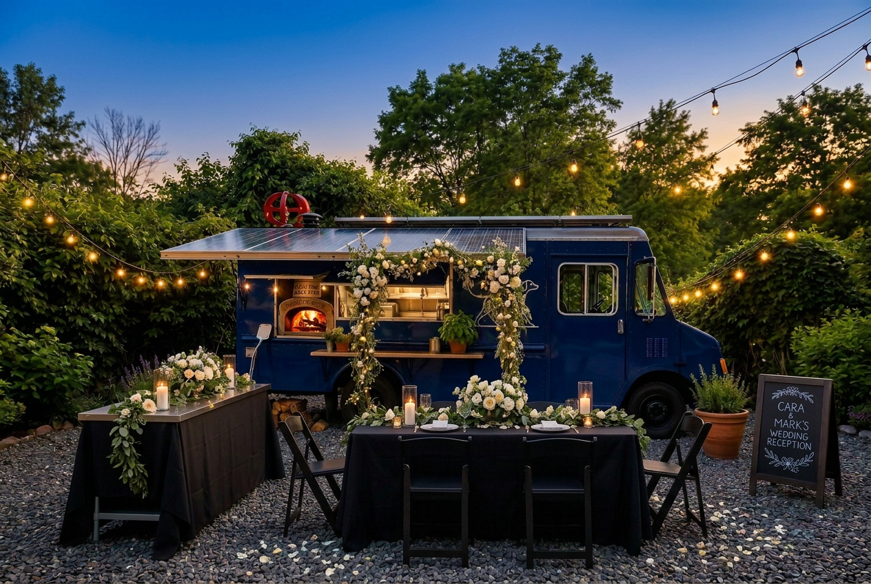 Dalmatian Pizza truck serving wood-fired pizza to guests at a Hudson Valley wedding reception under string lights